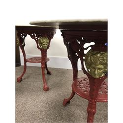 Pair cast iron Britannia pub tables, two red, small marble tops 