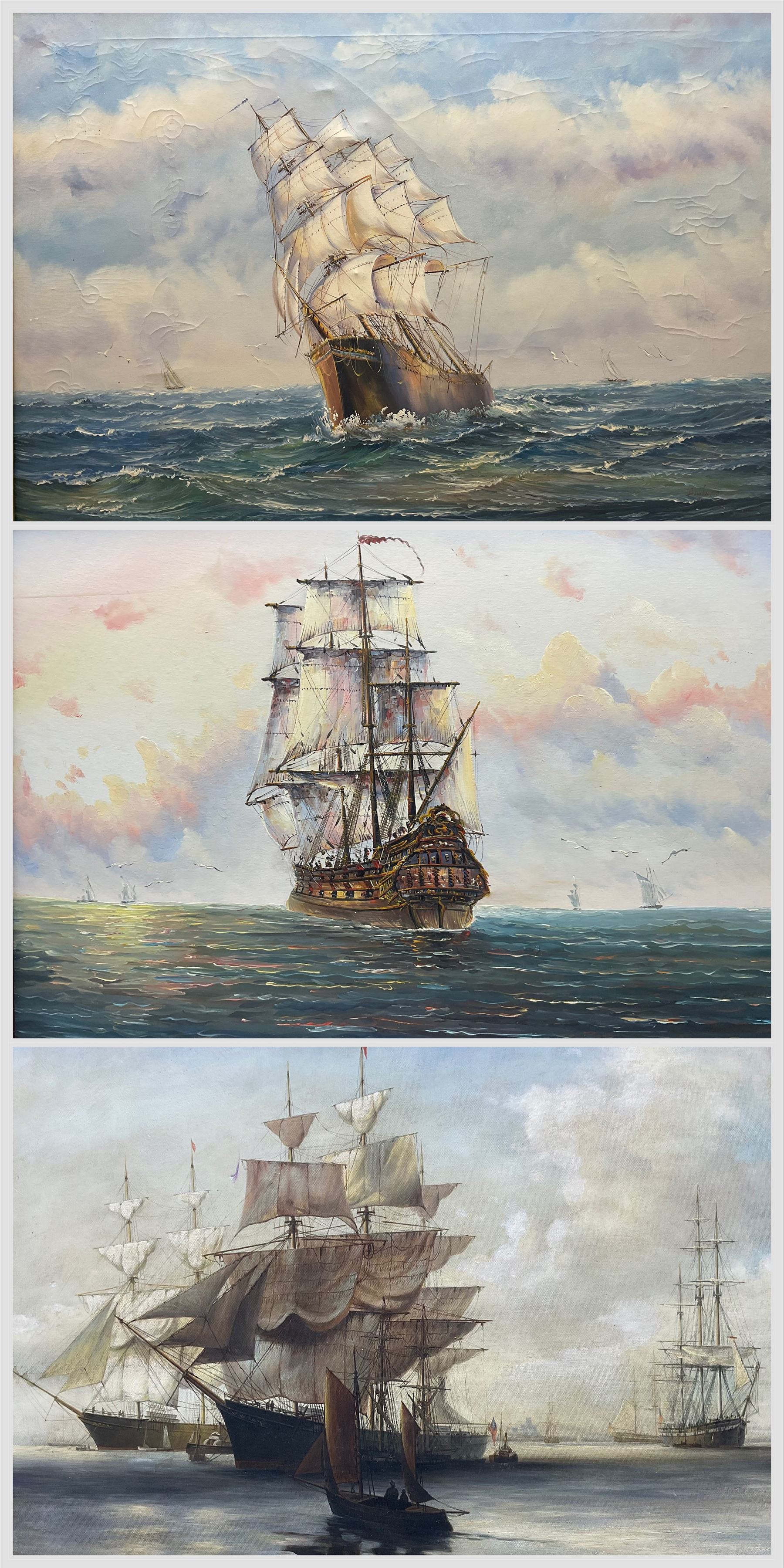 Continental School (Mid 20th Century) Ships at Full Sail, three oils by different hands signed F Daniels, Ambrose and M Unger together with an indistinctly signed impressionist landscape max 59cm x 90cm (4)