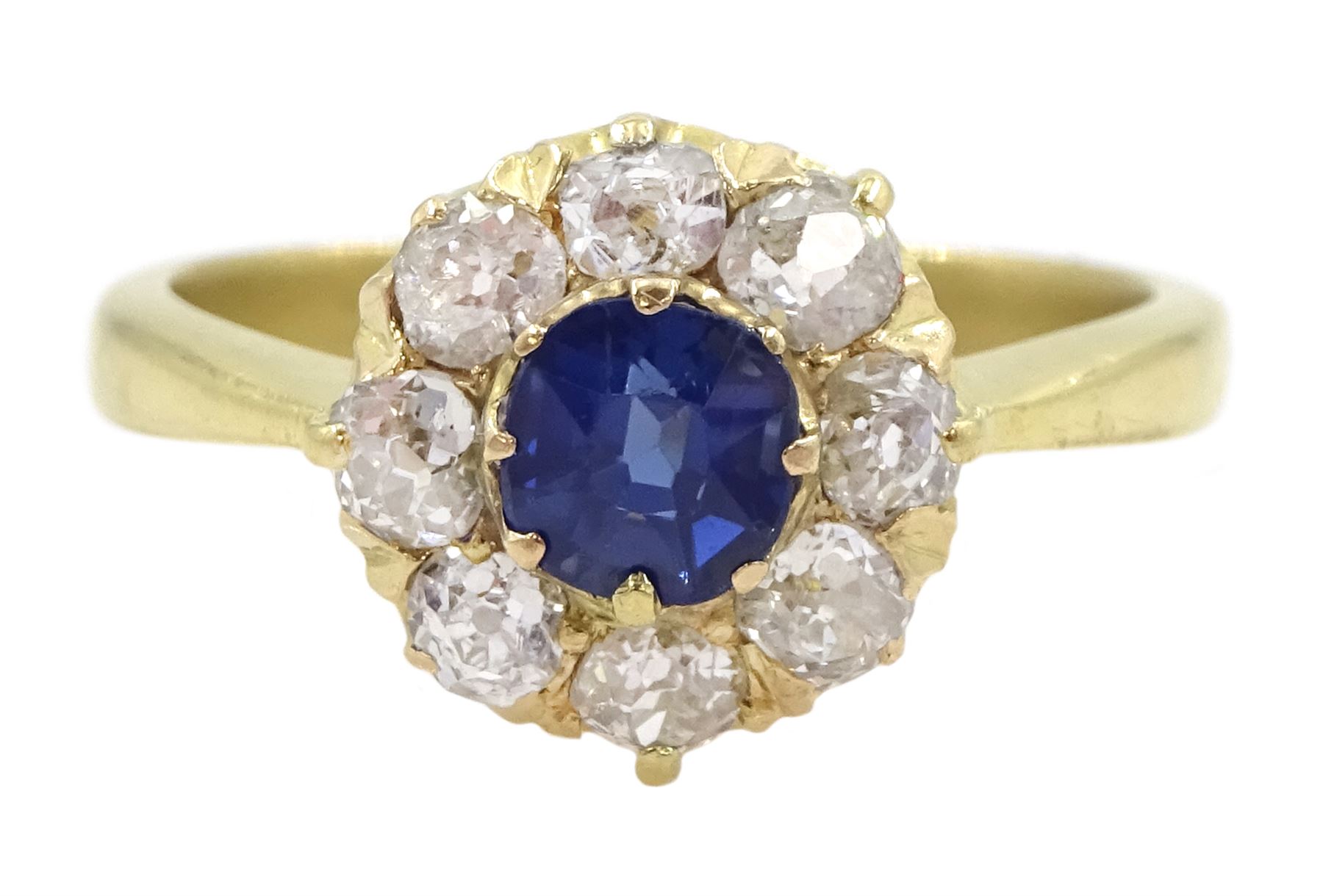 Early 20th century 18ct gold sapphire and old cut diamond cluster ring, total diamond weight approx 0.50 carat