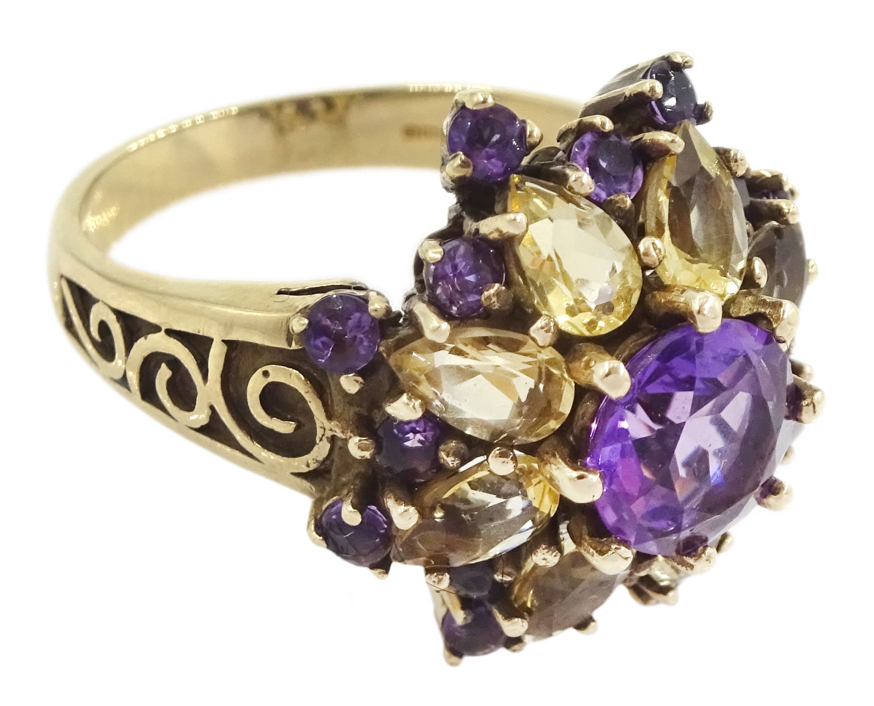 9ct gold round cut amethyst and pear cut citrine flower head cluster ring, Birmingham 2002