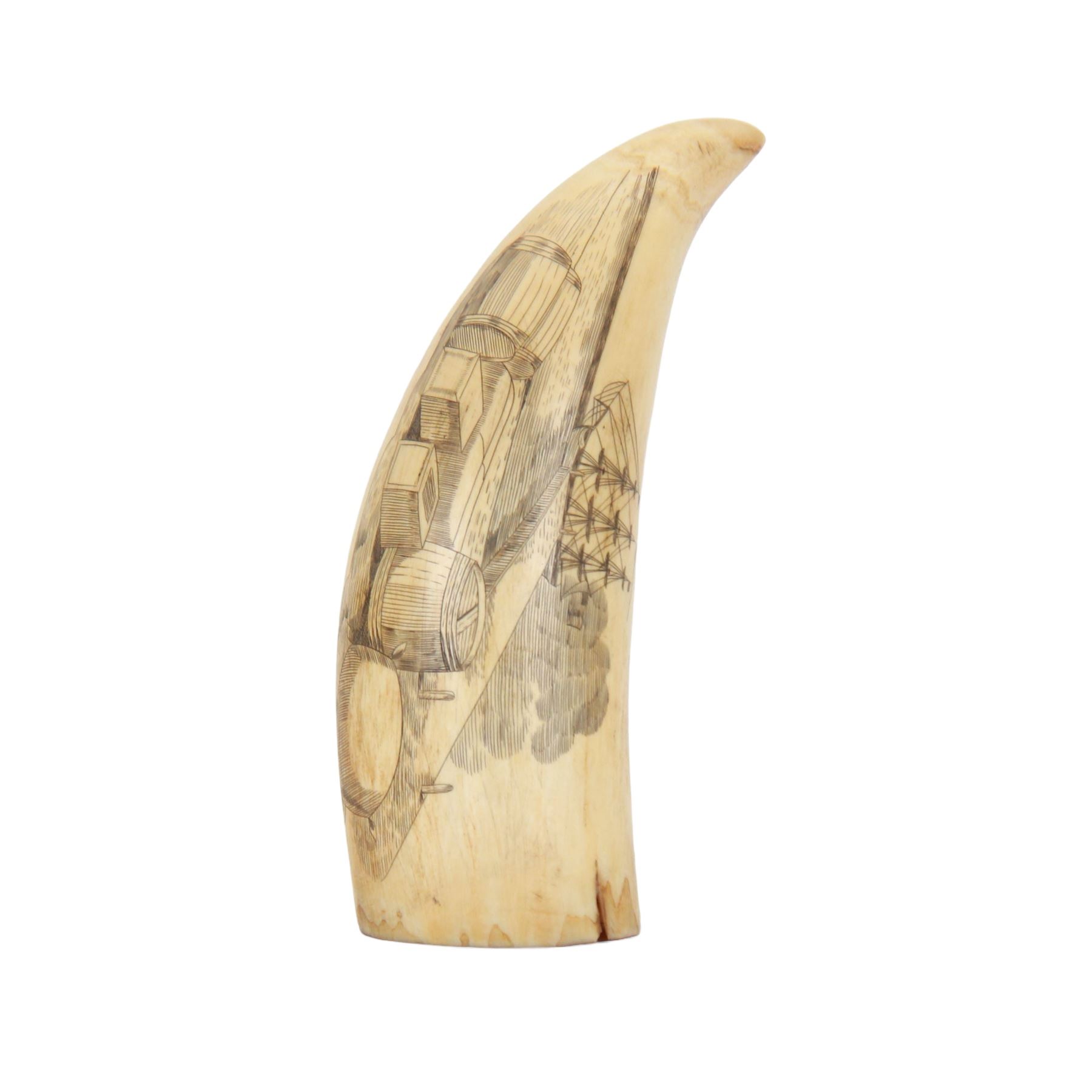 19th century scrimshaw whale tooth, inscribed Rachel,B, Home from Whaling and depicting port, L13cm