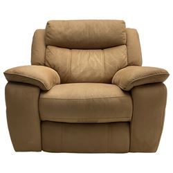 Electric reclining three-seat sofa (W213cm, H100cm) and matching armchair (W109cm) upholstered in brown fabric