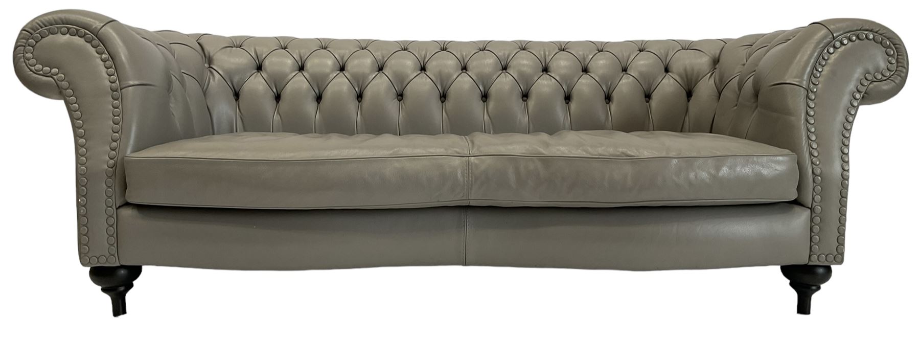 Three seat Chesterfield sofa, upholstered in grey buttoned leather