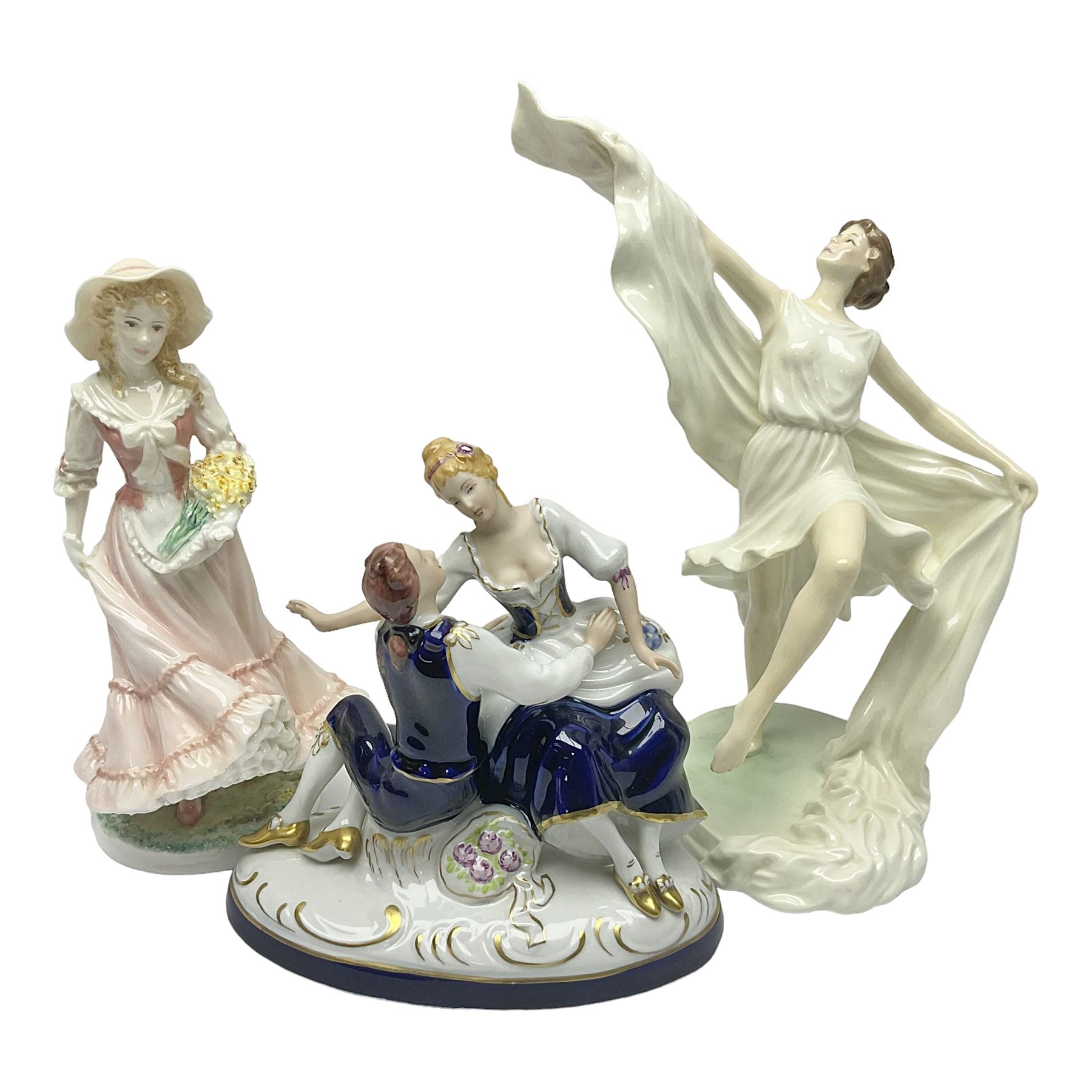 Two Royal Worcester figures, comprising Spirit of the Millennium and Spring, together with Royal Dux figure of two lovers