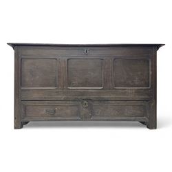 18th century oak mule chest, rectangular plank top with moulded edge, enclosing candle box...