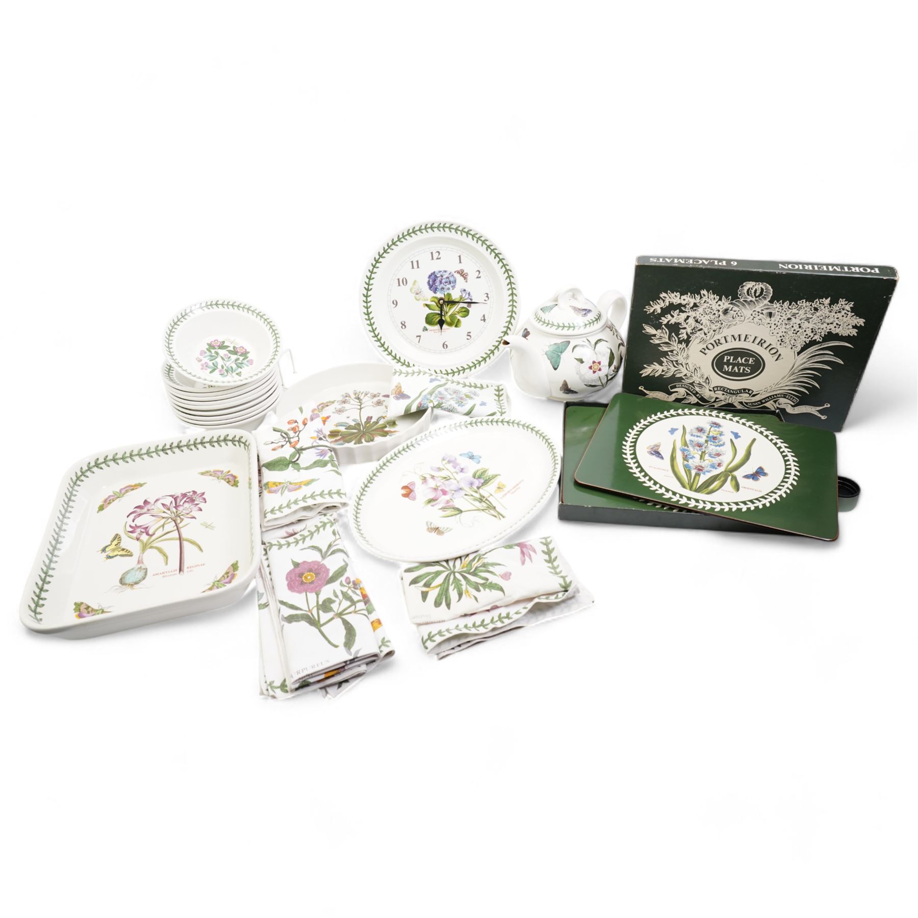 Portmeirion Botanic Garden tea, dinner and table wares to include a teapot, coffee pot, eleven mugs, rolling pin, wall clock, ten breakfast bowls, five dinner plates etc (qty)