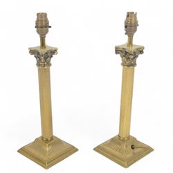 Pair of brass Corinthian column table lamps, H38cm 