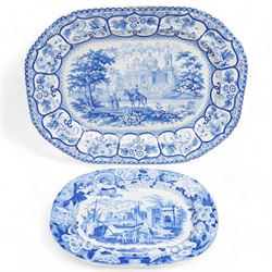 Don Pottery blue and white transfer printed meat plate decorated in the 'Port of Alicata', impressed 14, L37.5cm, together with another Don Pottery meat plate, decorated with figures in a landscape, printed mark, L53.5cm 