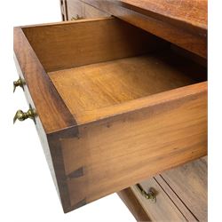 Inlaid hardwood bureau, shaped raised back over fall front inlaid with brass scrollwork, four short over one long drawer, on cabriole supports  