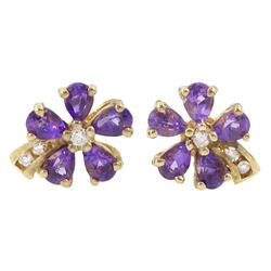 Pair of 9ct gold amethyst diamond flower stud earrings, hallmarked