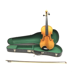 Artia Excelsior for Boosey & Hawkes violin for completion with 35.5cm two-piece maple back and ribs and spruce top, bears label, lacking tailpiece, chinrest, bridge and one tuning peg, 59cm overall, in hard carrying case with bow