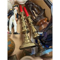 Two pairs of brass candlesticks, Royal Doulton Napoleon figure, composite figure of a fisherman and other collectables