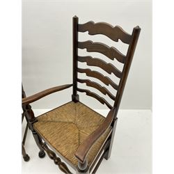 Set four (2+2) late 20th century stained ash farmhouse style dining chairs, with waved ladder backs and rush seats
