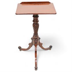 Early 19th century mahogany reading stand, moulded rectangular adjustable top with removable rest, on turned spiral vasiform pedestal with three out splayed supports, applied turned roundels, on brass globular feet