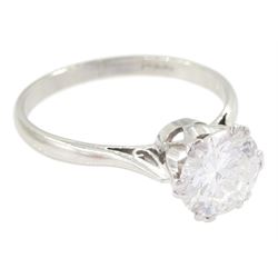 Platinum single stone round cut transitional cut diamond ring, stamped Plat, diamond approx 1.55 carat