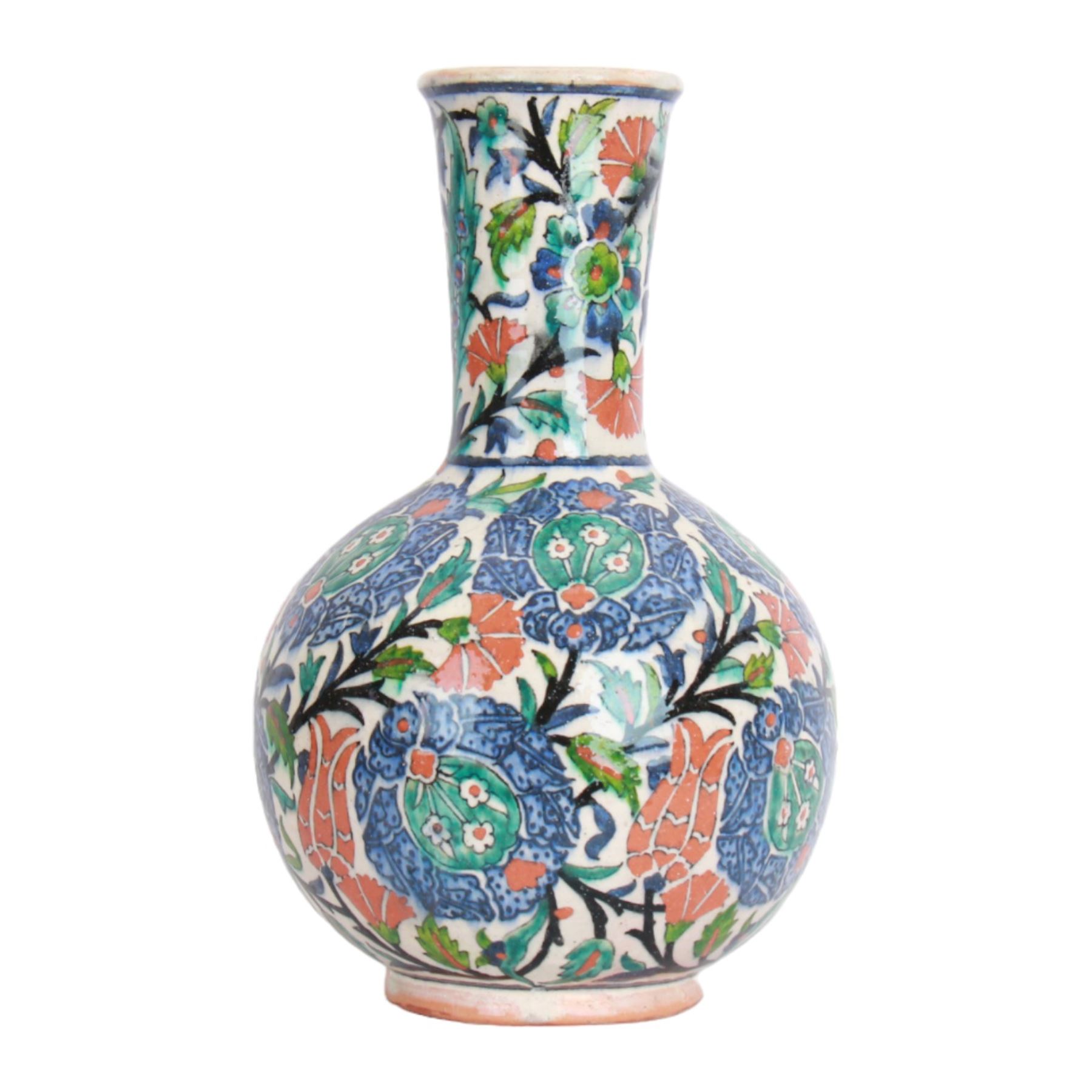 Early 20th century Iznic style polychrome vase, possibly Palestinian, of bottle form, decorated with chrysanthemums, tulips and saz leaves in turquoise, blue, green and iron red, H31cm