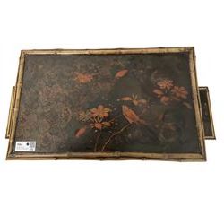 Late 19th century Aesthetic Movement lacquered and painted bamboo occasional table, rectangular top painted with Japanned traditional bird and blossom scenes, over two fold-out side leaves and undertier with pierced gallery apron