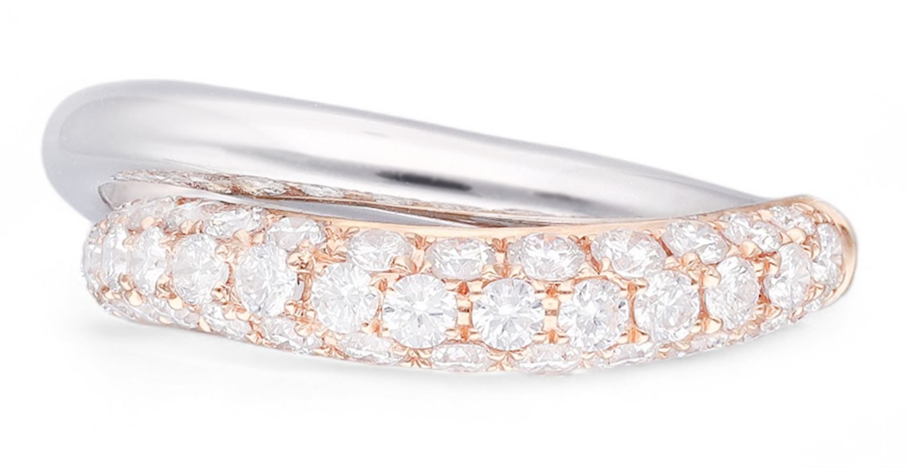 18ct gold diamond ring, two rows of polished white gold and rose gold with pave set diamonds, hallmarked, total diamond weight 1.13 carat