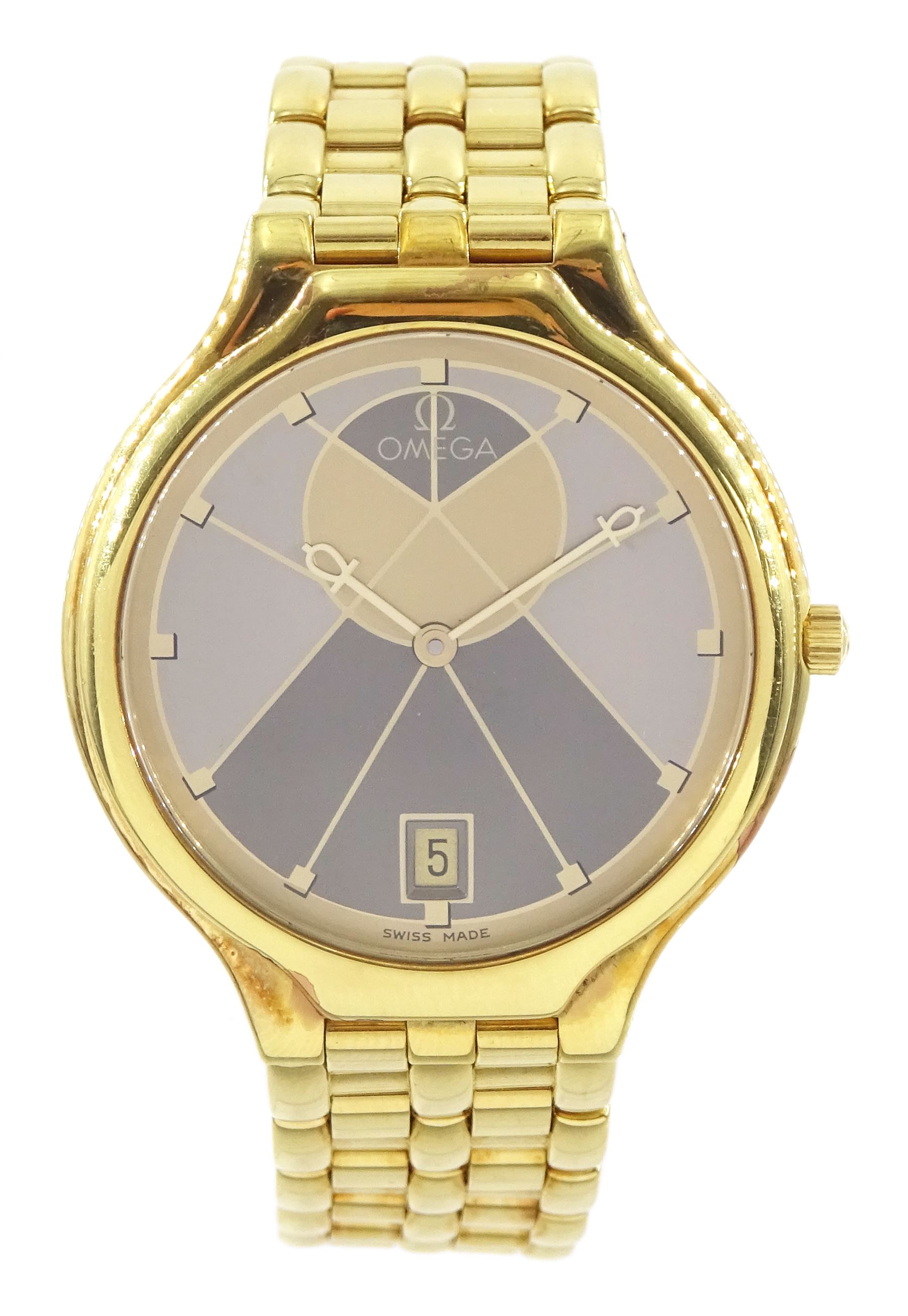 Omega 18ct gold quartz wristwatch, Cal. 1431, Sun symbol dial, with  Egyptian Ankh hands and date aperture at 6 o'clock, on integral Omega 18ct gold bracelet, with fold-over clasp