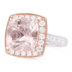 18ct white and rose gold cushion cut morganite and round brilliant cut diamond cluster ring, with diamond set shoulders, hallmarked, morganite 6.10 carat, total diamond weight 0.99 carat