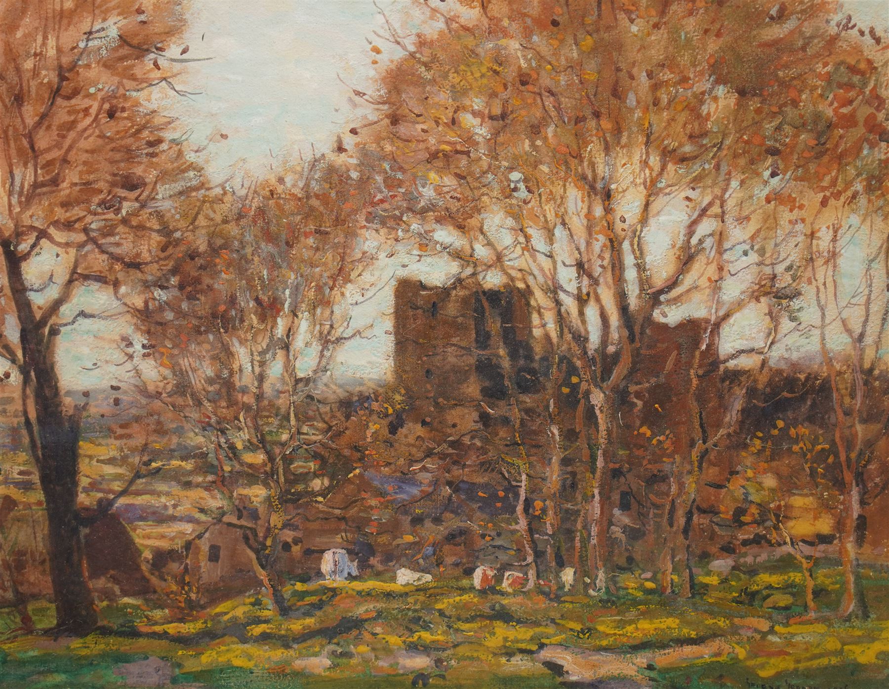 George Graham (British 1881-1941): Cows Grazing at Castle Bolton in Autumn, oil on card signed and dated 1916, 29cm x 38cm