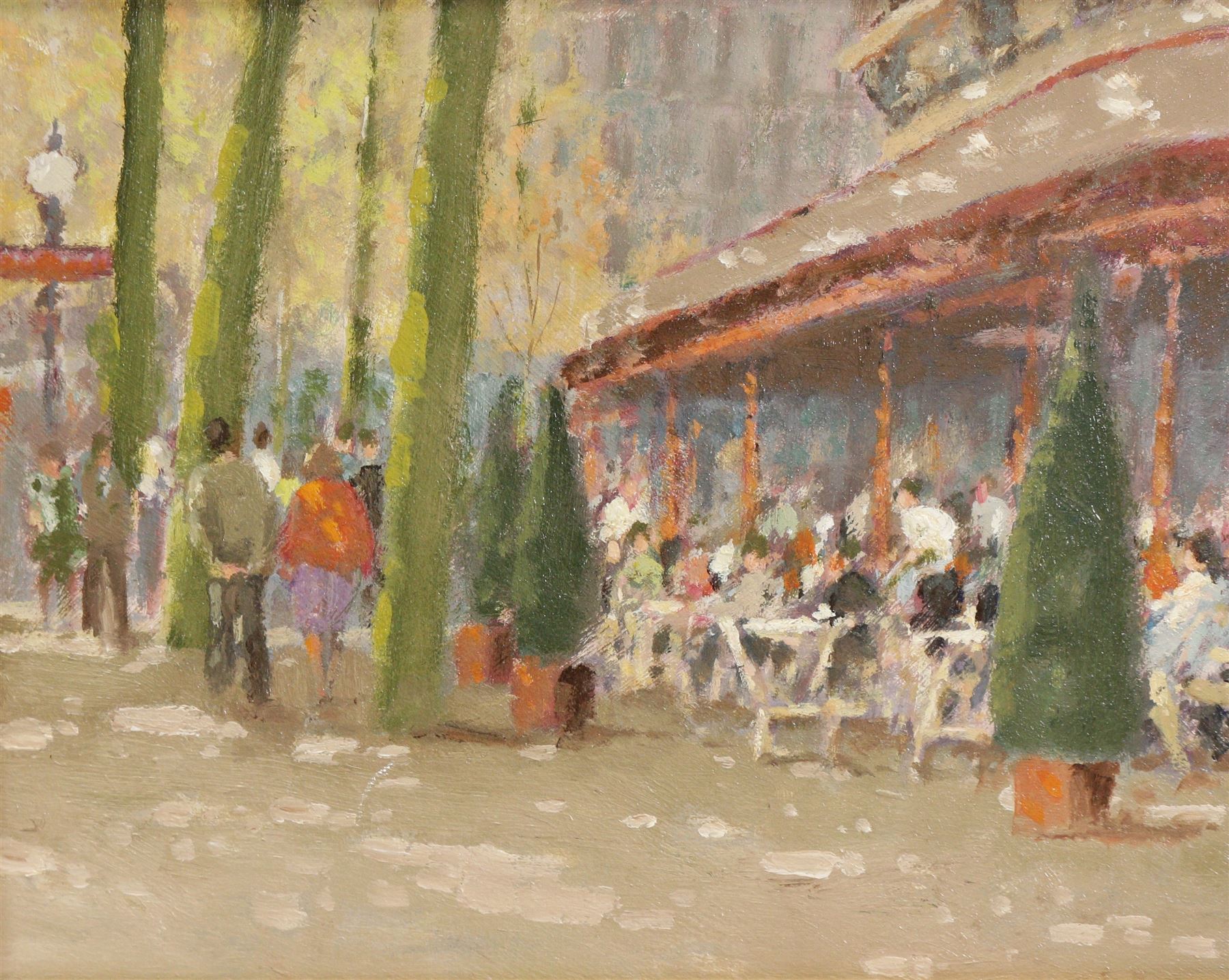 William Burns (Northern British 1923-2010): 'A Paris Restaurant', oil on board unsigned, titled verso 19cm x 24cm Provenance: Direct from the family of the artist. Notes: Born in Sheffield in 1923, William Burns RIBA FSAI FRSA studied at the Sheffield College of Art before the outbreak of the Second World War, during which he helped illustrate the official War Diaries for the North Africa Campaign, and was elected a member of the Armed Forces Art Society. On his return, he studied architecture at Sheffield University and later ran his own successful practice, being a member of the Royal Institute of British Architects. However, painting had always been his self-confessed 'first love', and in the 1970s he gave up architecture to become a full-time artist, having his first one-man exhibition in 1979.