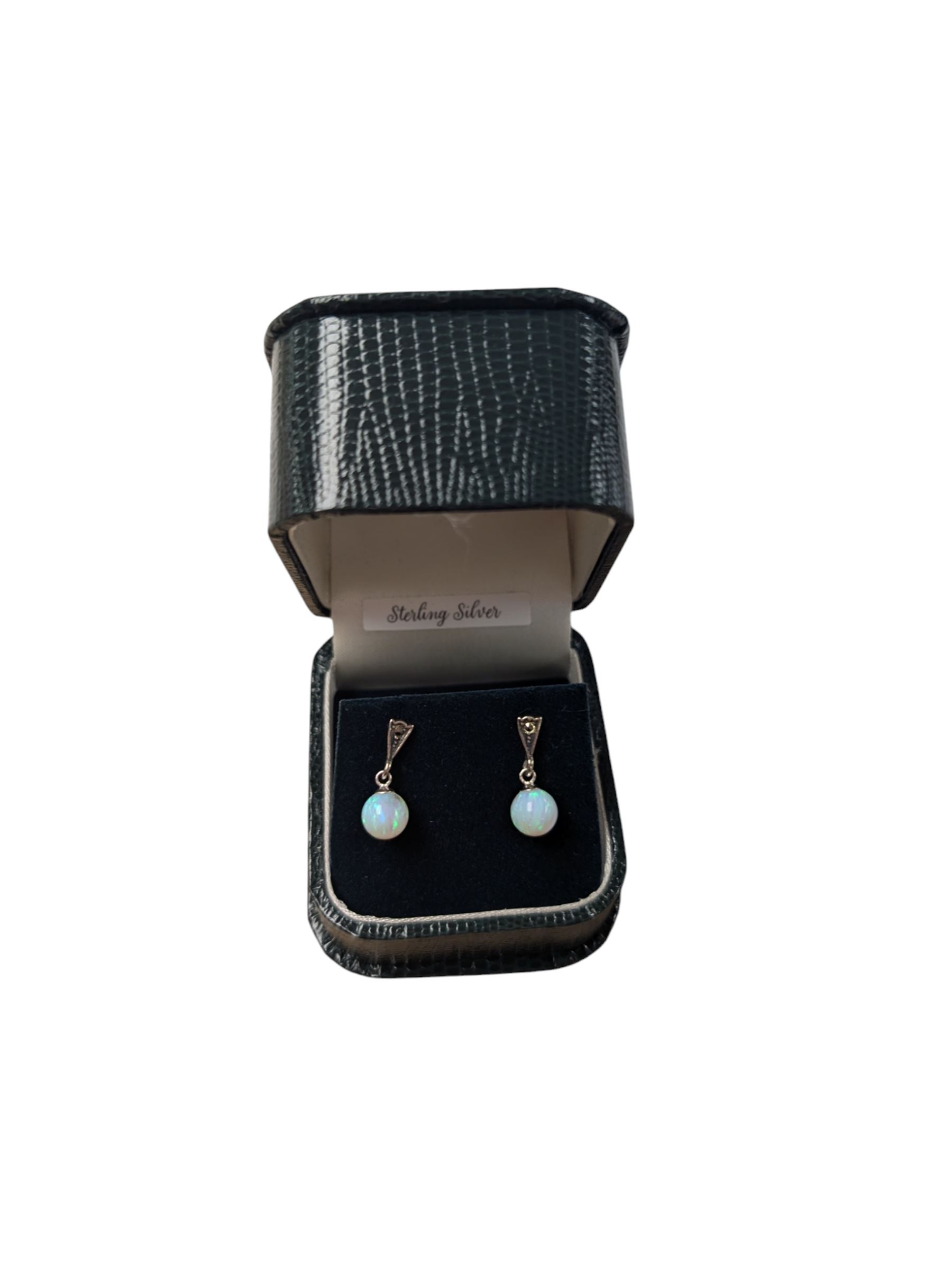 Pair of silver opal and marcasite pendant stud earrings, boxed