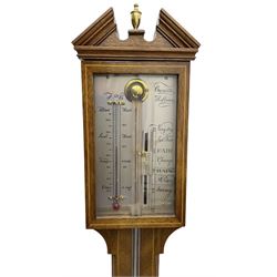 Commiti - 20th century Mercury stick barometer in the 18th century style, with a broken pediment and brass finial, silvered register with a spirit thermometer and vernier gauge within a glazed door, visible cistern tube and circular cover to the base.