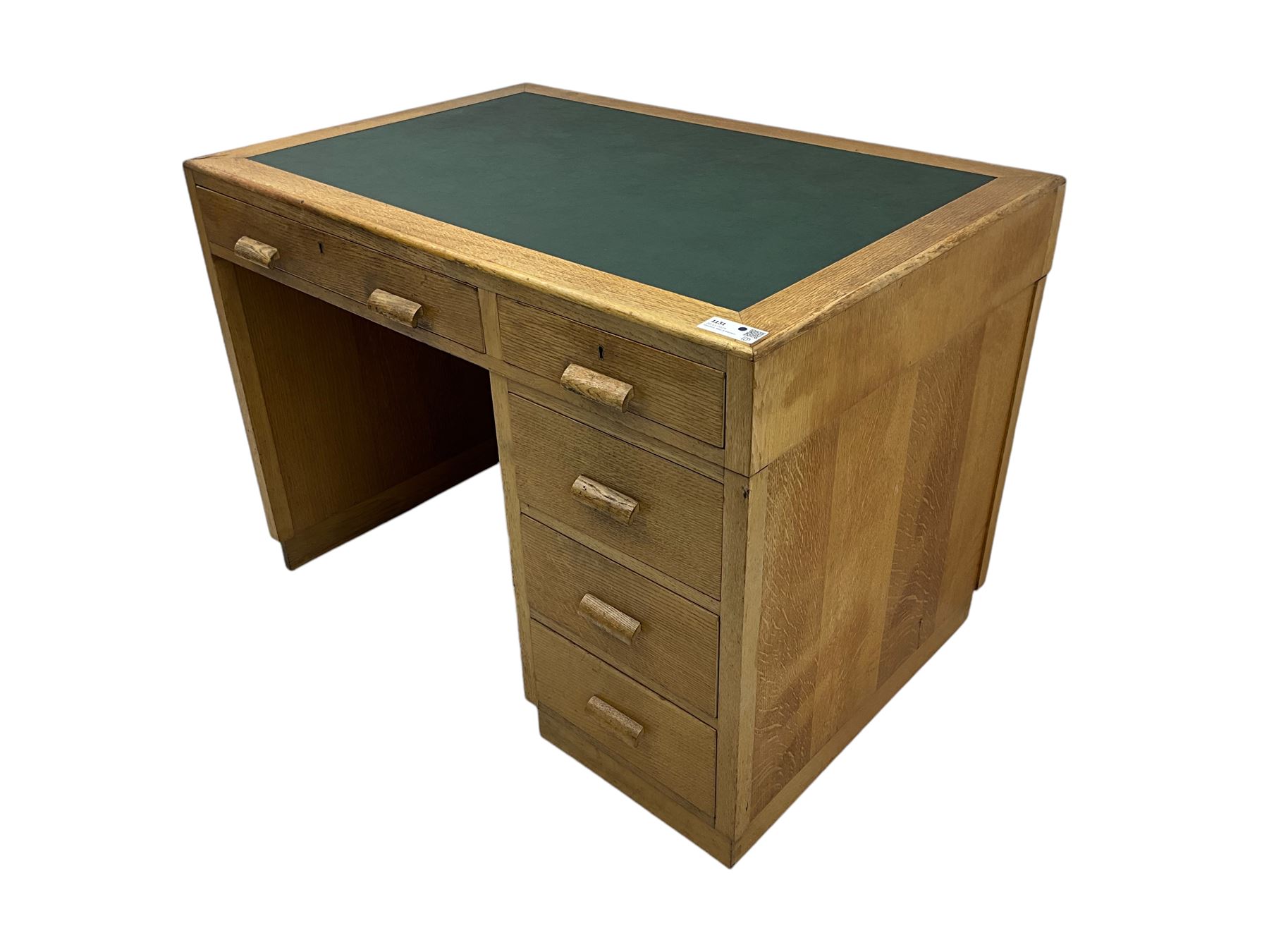 Early to mid-20th century oak pedestal desk, rectangular top with inset writing surface, fitted with five drawers 