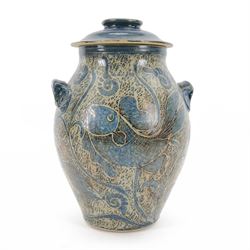 John Egerton (c1945-): studio pottery stoneware vase and cover, decorated with fish and am...