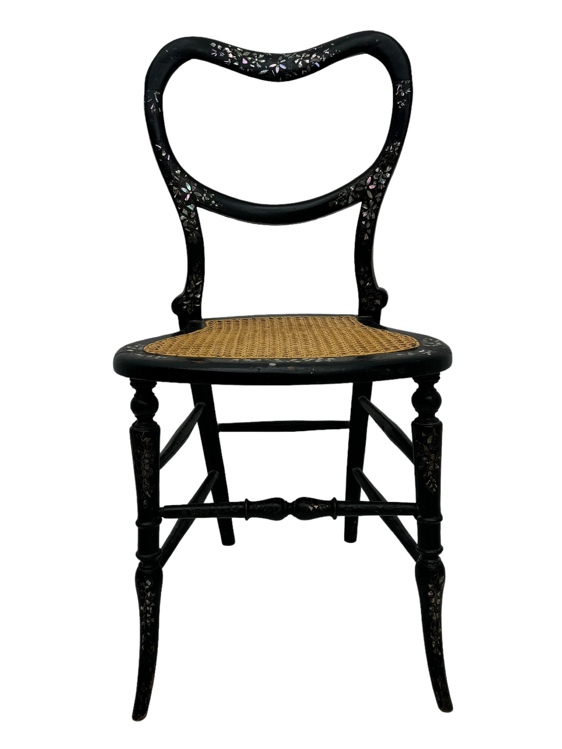 Victorian mother-of-pearl inlaid side chair; pair of miniature oak square stools; round stool; display stand with zigzag support column and brass dish; and a carved inlaid hardwood table top (6)