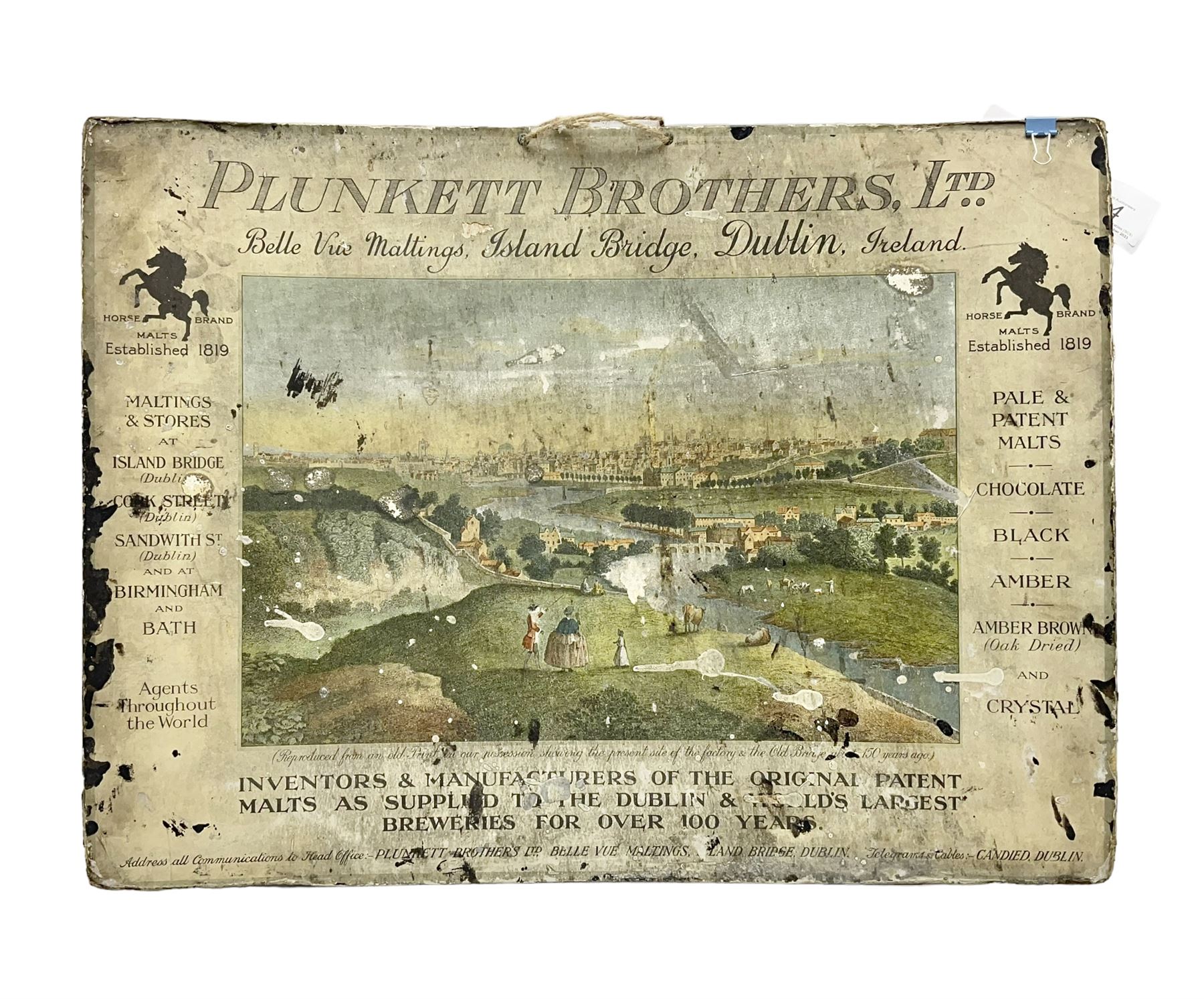 Plinkett Brothers Ltd advertising sign, 'Inventors & Manufactures of the original patent malts as supplied to the Dublin & world's largest breweries for over 100 years, H39cm, L52cm