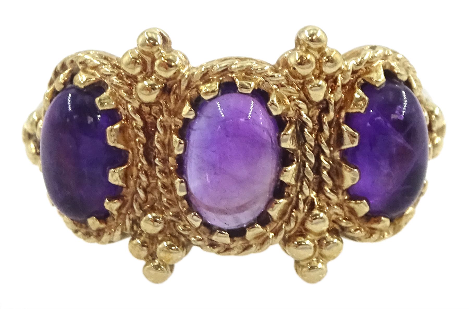 9ct gold three stone cabochon amethyst ring, hallmarked