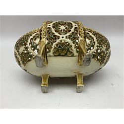 Hungarian Zsolnay Pecs gilt and green reticulated basket, upon four feet, with gold mark beneath, H14cm L21cm