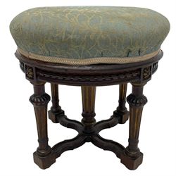 Holland & Sons (London: 1843-1942) - mid-to-late 19th century French design stool, circular form with upholstered cushioned seat in foliate pattern fabric, on lobe carved turned and fluted supports united by shaped X-framed lower stretchers 