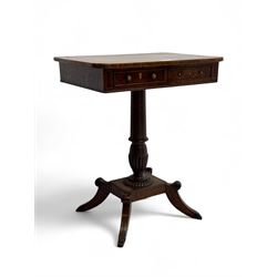 Early 19th century inlaid figured walnut pedestal table, rectangular top inlaid with satin...