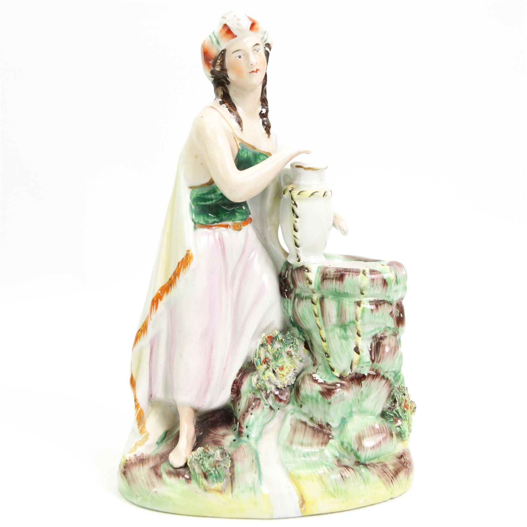 Early 19th century Staffordshire figure modelled as a shepherdess and lamb before a bocage, H17cm, Staffordshire dairy maid, Rebecca at the Well and another, together with a 19th century Samson poodle in the Chelsea style and Samson porcelain model of the Tythe Pig group (6)