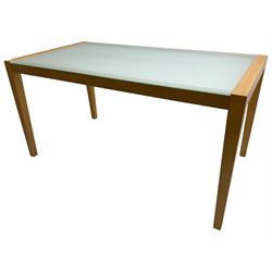 Contemporary beech framed dining table, rectangular frosted glass top on beech frame, square tapering supports