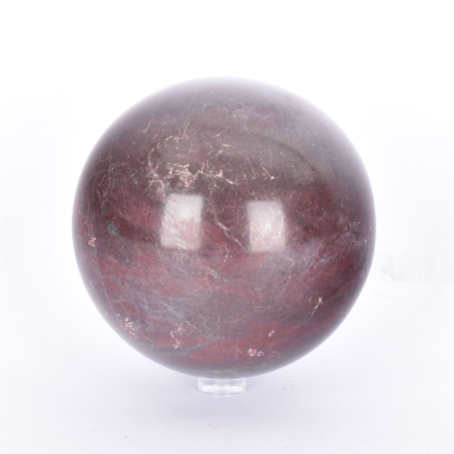 Pair red marble sphere with white and black veins, D10cm 