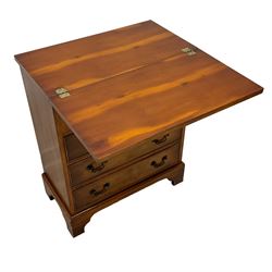 Georgian design yew wood bachelor's chest, fold-over rectangular top supported by pull-out stays, fitted with four long cock-beaded drawers, on bracket feet