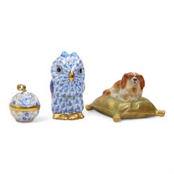 Herend miniature porcelain model of an owl and pierced pendant with 18k gold plate bale, t...