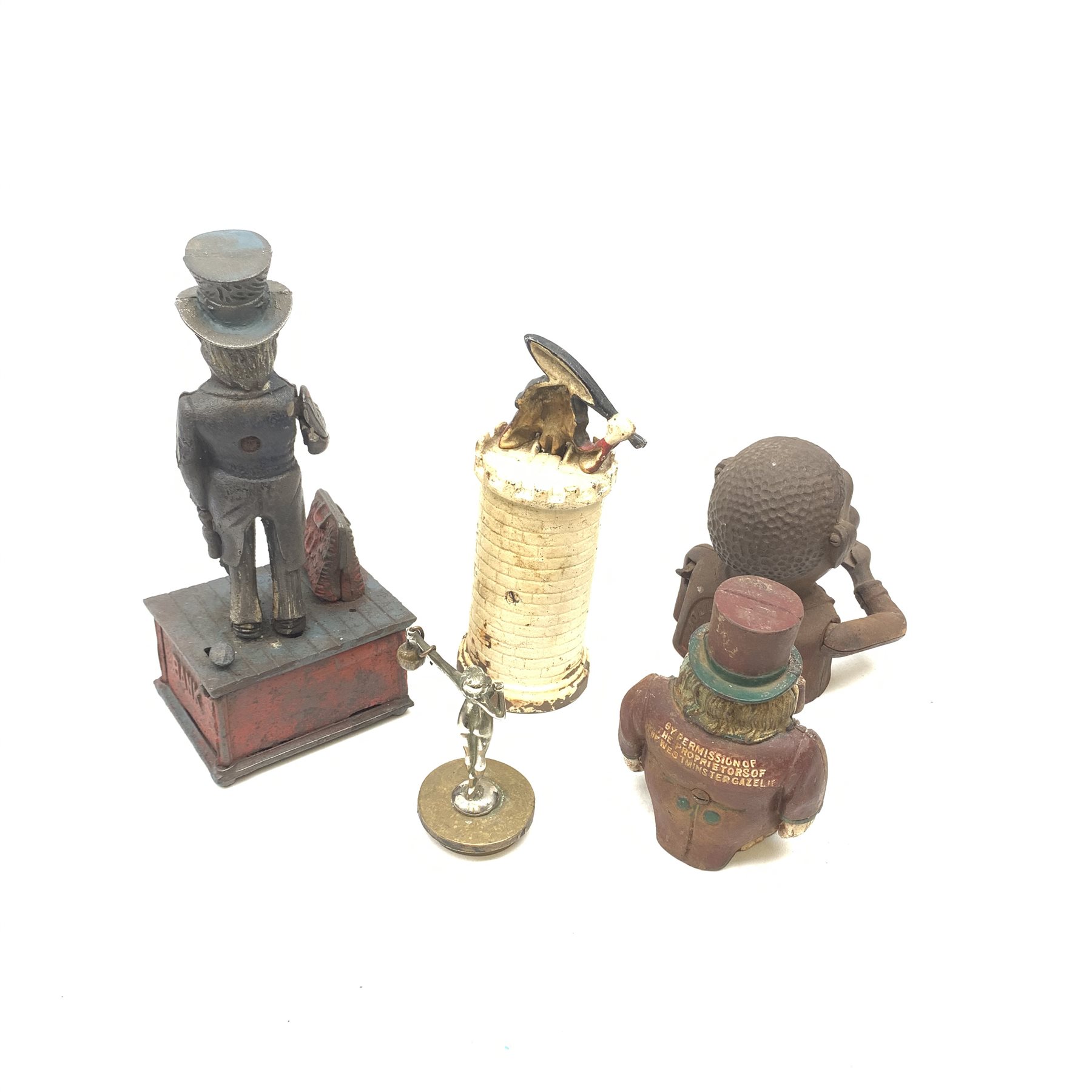 Four cast iron novelty money boxes, largest H28cm, together with a car mascot modelled as a female figure, H13cm, 