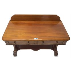 Victorian mahogany washstand, raised back over rectangular top with rounded front corners, two frieze drawers with moulded fronts and turned handles, shaped and pierced end supports on sledge feet, united by shaped flat stretcher 