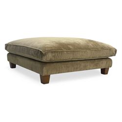 Contemporary square ottoman, upholstered in taupe velvet with a deep-cushioned top, piped ...