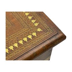 20th century mahogany chest, rectangular hinged top enclosing removable compartments with carved starburst motifs with linear and geometric patterns, brass inlay to the top and front, mounted corners and edges, on bracket base