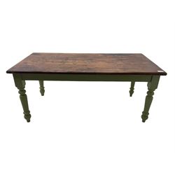 Hardwood dining table, rectangular top on laurel green painted base, fitted with turned supports 