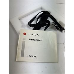 Leica R8 SLR camera body, in chrome and black finish, serial no. 2292640, made in Germany 1996, contained within maker's box with instructions and shoulder strap