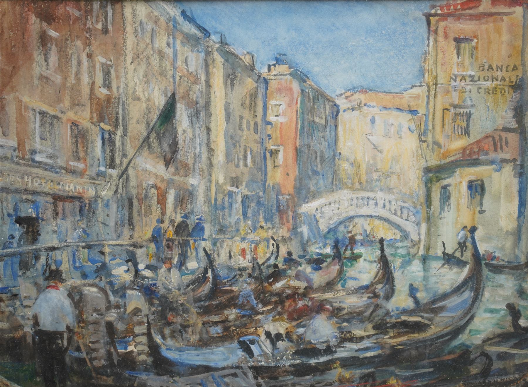 Rowland Henry Hill (Staithes Group 1873-1952): Gondoliers on a Venetian Canal, watercolour signed and dated 1923, 27cm x 37cm