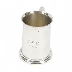 1920s silver tankard, of tapering cylindrical form with presentation engraving to body, wi...