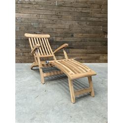 Pair of solid teak adjustable garden steamer armchairs, stainless brackets, with cushions